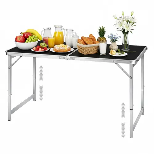 WGCTEK 4-ft Folding Dining Table - Adjustable Height, Carrying Handle, Black, Portable, Lightweight Indoor Outdoor Patio Picnic Furniture