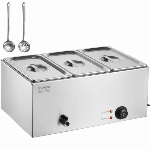 VEVOR Commercial 3-Pan Electric Food Warmer with Stainless Steel Pans, 17.4 QT Countertop Steam Table Bain Marie, 1200W, 86-185°F Temp Control, Fast Heating, Reset System, Dry Burn Safe, Water Level Markers, Extra Long-Handled Ladles for Catering