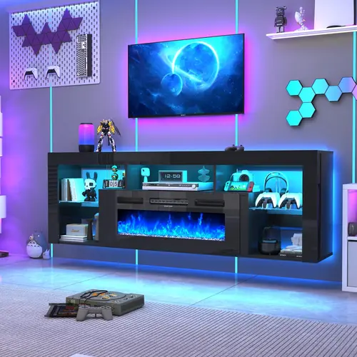 【2Packages Shipping】71" Floating Fireplace TV Stand for up to 85" TVs, Modern High Gloss Entertainment Center w/40 Electric Fireplace, Charging Station&LED Lights, Fireplace TV Media Console w/Storage, Black/white