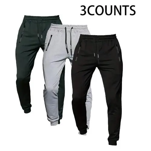 3pcs Men's Casual Joggers, 4-Season Elastic Closure Stretch Pants with Zipper Pockets, Breathable Simple Men's Uncuffed Sweatpants for Sports, Men's Sweatpants Uncuffed,summervibes Workout Athletic