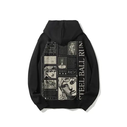 JoJo's Bizarre Adventure: Steel Ball Run SBR, with black and white comic-style panels and text on the back, including "SAINT'S CORPSE" - Long Sleeve Cotton Unisex  Hoodie JJBA anime fashion trending