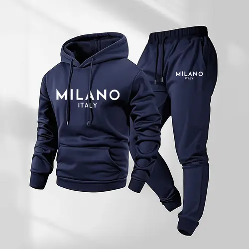 Men's Milano Printed Hoodie and Drawstring Sweatpants Set, Menswear, Casual Athletic Long Sleeve Hooded Jacket & Trousers for Fall & Winter, Men's Clothing for Daily Wear, Sportswear Indoor Outdoor, Tracksuit, Athleisure Summer Clothes