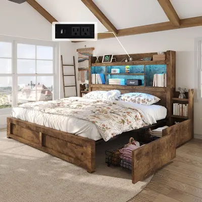 [Summerwins]【Ships in 2 Boxes】AMERLIFE Bed Frame with 49.6" Bookcase Headboard & 2 Bedside Stoage Racks & 4 Drawers, Farmhouse Wood Bed Frame with RGB LED & Charging Station, No Box Spring Needed