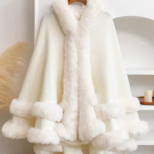 Luxury Faux Fur Hooded Cape Shawl, Soft Warm Shawl, Warm and Comfortable for Air-Conditioned Rooms, Ideal for Daily Wear at Home and Parties