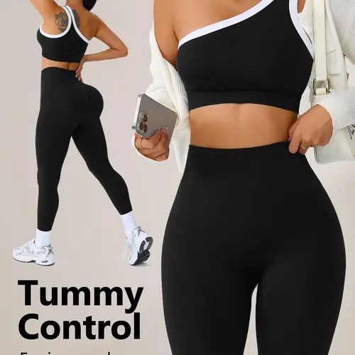 Women's Slim-Fit Yoga Clothes Set, Colorblock Design, Outdoor Stretchy Sportswear, Pilates Outfits for Women, Exercise Clothing Set, Sports Fitness Wear, Yoga Fit Sets
