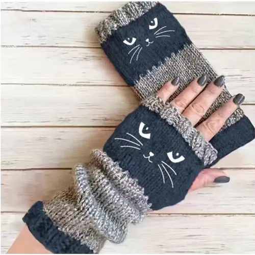 Women's Knitted Fingerless Black Gloves - Flexible, Ambidextrous, Embellished with Modern Cartoon Cat Embroidery, Warm Hand Cover Fashion Accessory for Winter Casual Outfits