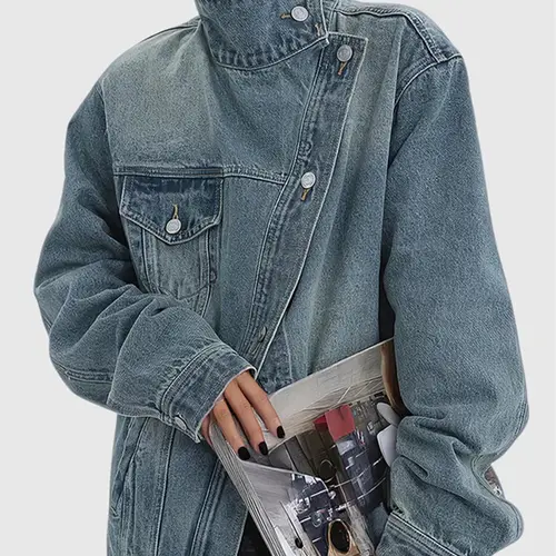 Women's Vintage Washed High Neck Asymmetric Button Loose Denim Jacket, Street Style Trendy Versatile Jacket Top, Suitable For Spring, Autumn And Winter Seasons