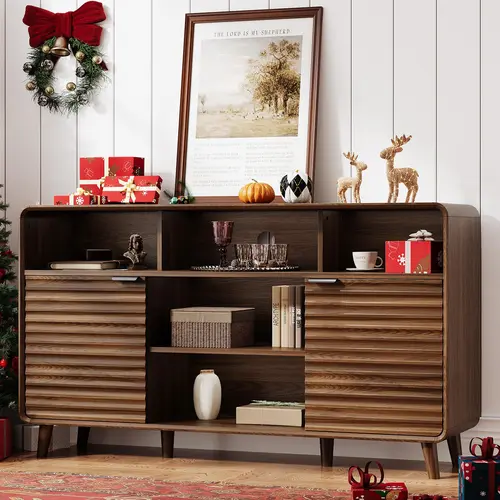 【SummerFinds】ONBRILL 58-Inch Curved Freestanding Wood Cupboard - Safe Storage Cabinet, Sideboard with 2 Wave Doors, Open Storage, Angled Side Frame, Adjustable Shelves, Coffee Bar Station for Dining Room, Living Room, Sideboard Buffets Cabinet, Living Roo