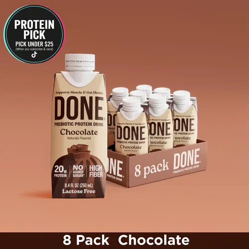 DONE Prebiotic Protein Drink - 8 PACK ( 8 BOTTLES) 20g Protein, 6g Fiber, No Added Sugar, Gluten-Free, Lactose-Free, Supports Muscle & Gut Health, Chocolate, Strawberry, Salted Caramel