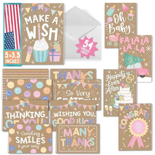 Hadley Designs 54-Piece All-Occasion Greeting Card Variety Set - Baby Shower, Birthday, Thank You, Congrats, Sympathy Options with Blank Holiday Cards & Durable Cardstock Envelopes, Baby Shower Card