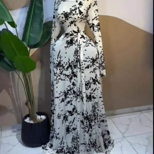 PULKRITU Women's Floral, Print O-Neck Knot Waist A-Line Maxi Dress, Long Flowy Waist Draped Party Dress, Romantic Elegance Vacation Wear, Cocktail Long Sleeve Dresses, Beach Holiday Dressy Fit Dresses