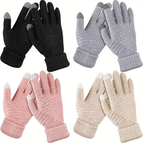 Women's 4pcs Fashion Touchscreen Gloves - Korean-Inspired Casual, Fleece-Lined, Heat Insulation, Finger-Friendly, Soft, Elastic Cuffs, Durable, Ideal for Daily Wear, Cycling, Skiing