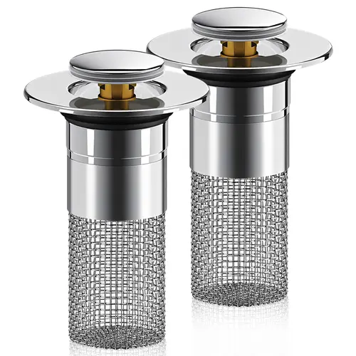 Bathroom Drain Strainer with Removable Stainless Steel Filter Basket, Pop-Up Sink Drain Stopper, Hair Catcher for Bathroom Supplies