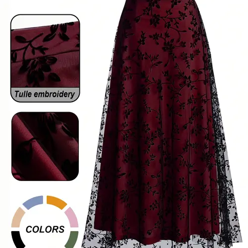 Women's Floral Embroidery Contrast Netting A-line Half Skirt, Tulle Fabric Skirt, Casual Elegant High Waist Midi Dress for Party, Holiday, Wedding Guest Wear, Four Seasons Suitable Long Dress for Women