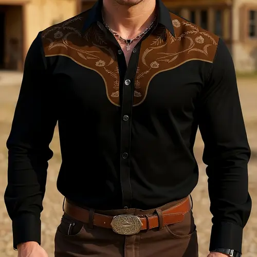 Men's Western Cowboy Style Shirt, Casual Fashion Shirt, Long Sleeve, Fitted Print Design, Casual Printed, All Seasons Wear, Comfortable and Stylish, Perfect for Casual, Casual Pattern