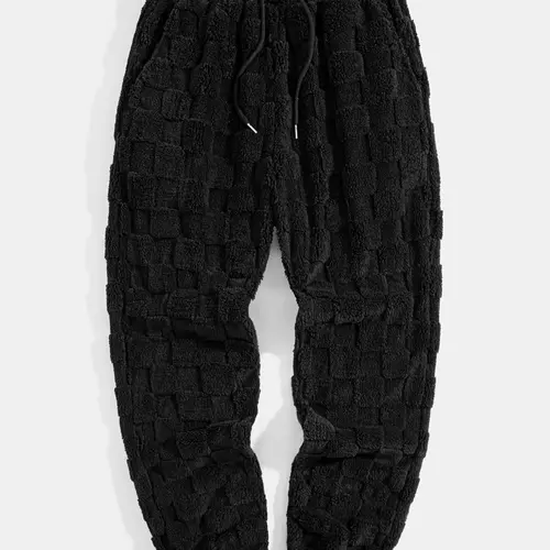 Men's Sport Pants, Two-Sided Fleece Jacquard Plaid Casual Long Pants, Pockets, Men's Warm Leisure Sports Pants, Soft Comfy Sweatpants, Knitted Sports Pants, Loose Athletic Pants, Casual Sports Bottoms, Casual Comfy Sporty