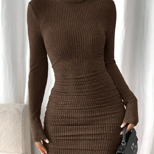 Women's Solid Color Basic Fashionable Casual Chic Fitted High Neck Turtleneck Long Sleeve Dress, Everyday Dress, Cozy Soft Fabric for Autumn & Winter, Elegant Casual Office Wear, Womenswear