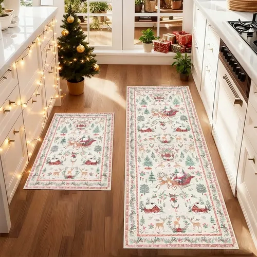 2Pcs Christmas kitchen mat, rug, non-slip kitchen rug set, Machine Washable Rugs, Red Christmas Tree Floor Mat Set, soft comfortable foot mat, multifunctional suitable for kitchen Dining Room Floor bedroom living room