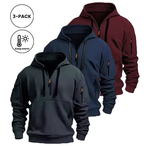 Men's 3-Pack Long-Sleeve Hoodies, Solid Pullover Sweatshirts for Outdoor Sports, Warm Athletic Apparel for Autumn & Winter,back to school,back to school shopping, Fitted, Do Not Dry Clean,clothes for back to school,first day of school outfits