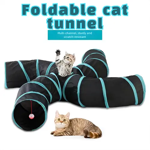 Large Polyester 4-Way Collapsible Kitty Tunnel - Kittens' Indoor Interactive Toy with S-Shape Design, Peek Hole, Universal Versatile Use (Blue & Black)