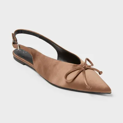 Women’s Camille Satin Slingback Bow Flats - A New Day, Casual Medium-Width Flats and Slip-Ons for Women with Polyurethane Synthetic Upper, Ankle Strap, Buckle Closure, 98% Polyester and 2% Zinc Alloy