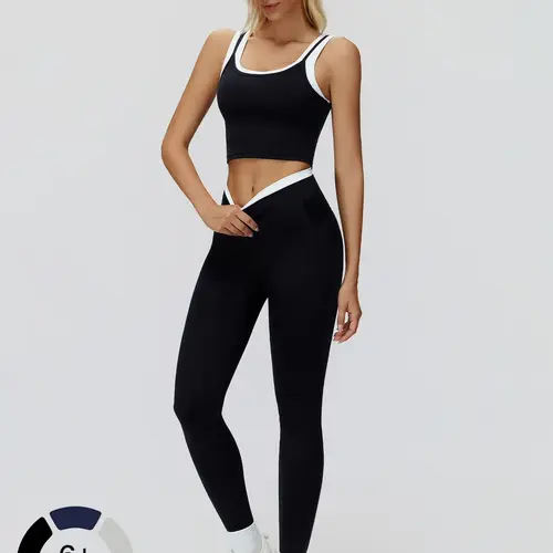 Women's 2-Piece Colorblock Yoga Set, High-Waisted Ribbed Casual Fitness Sportswear, Versatile Gym Workout Outfit, Athleisure Wear Set, Yoga Gym Outfits, Stretchable Activewear, Fitness Exercise Wear, Exercise Clothing Set