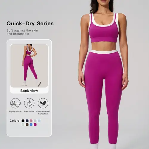 Women's Two-Piece Colorblock Yoga Set, High-Waisted Ribbed Casual Fitness Sportswear, Versatile Gym Workout, Ribbed Activewear, Athleisure Activewear