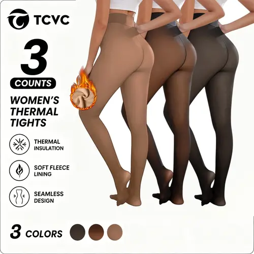 TCVC 3Pcs One-Seam Fleece Lined Tights Sheer Black Fake Translucent Pantyhose Warm Thermal Skin-Like Tones Leggings High Waisted Control Top for Spring Outfits Holiday Party & Everyday Wear