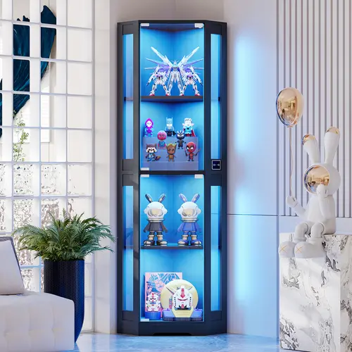 BROTTAR 65" Freestanding Lighted Curio Corner Glass Display Cabinet, Modern Multi-Deck Collectible Storage Cabinet with LED Lights, 4-Tier Glass Doors & Human Body Sensor (Black/White), Lighted Curio Cabinet