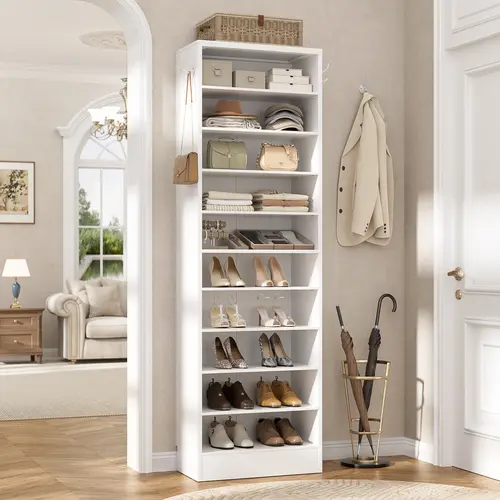 80" Tall Narrow Shoe Cabinet, 10-Tier Vertical Wood Shoe Rack with Adjustable Shelves & Hooks, Space Saving Shoe Storage Organizer for Entryway Closet, Holds 22 Pairs,dorm essentials,home decor