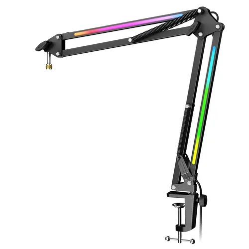 fifine BM38 RGB Microphone Boom Arm, Metal Adjustable Mic Arm Stand with RGB Control, 3/8” to 5/8” Screw Adapter, Desk Mount Clamp, Suspension Scissor Mic Stand for Gaming Streaming Podcast, AmpliGame BM38
