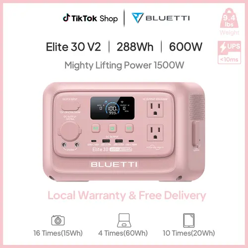 BLUETTI Elite 30 V2 Portable Solar Generator 288Wh Battery 600W AC Output 9 Ports for Camping & Backup Power Station with Smart App & 10ms UPS