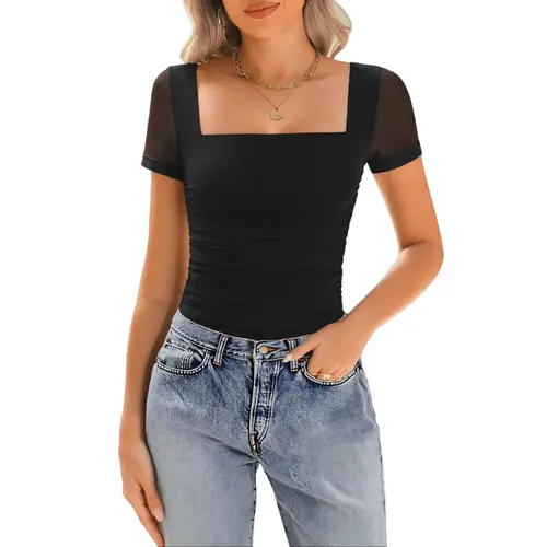 Avidlove Women's Square Neck Sheer Mesh Short Sleeve Bodysuit Ruched Going Out Sexy Thong Bodysuits Tops SpringStatements Basic Womenswear Casual Wear