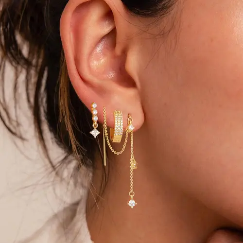 Tewiky 3 Layered Chain Earrings For Women Hypoallergenic Aretes Dangle Earrings Stud Waterproof Jewelry Gift For Blackfriday Christmas