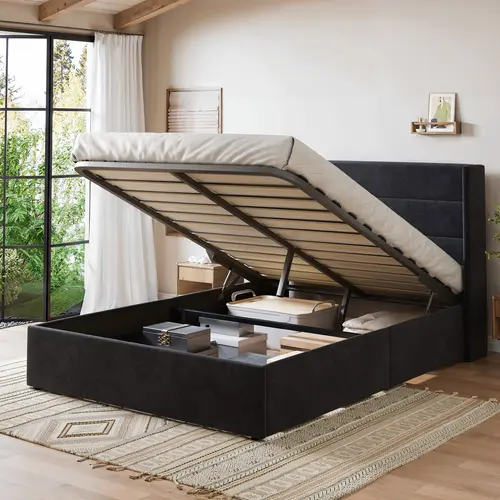 MUTICOR Gas Lift-Up Storage Bed Frame, Linen or Velvet Upholstered Headboard,No Box Spring Needed,Solid Wood Slats,Full/King/Queen Size Bed Frame#TikTokShopDealsforYouDays#DealsforYouDays#Summervibes#Summergarden