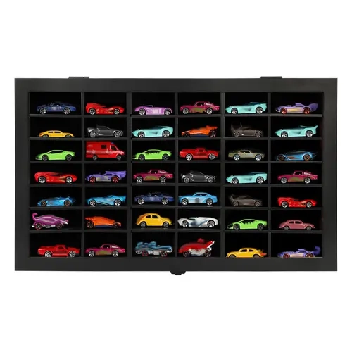 Black Sturdy Wooden 1:64 Scale Model Car Display Case Organiser for Collectors - Wall-Mount, Lockable Real Glass Door with Latch, Removable Adjustable Shelf, 42 Toy Cars Capacity, UV Protection, Acrylic Home Decor Cabinet