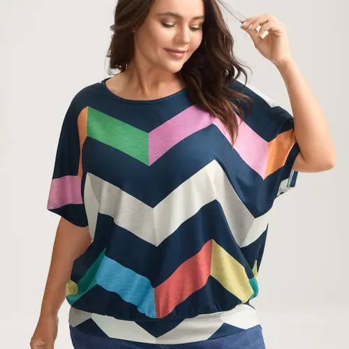 BLOOMCHIC Women's Plus Size Casual Spandex T-Shirt,Loose Fit Wavy Stripe Print Tee, Stretchy Round Neck Casual Summer Oversized Top, Flattering Fit [M-6X],Effortless Summer Casual Outfit,Summer wins,Deals for you days
