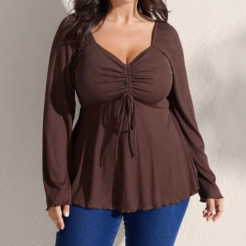 BLOOMCHIC SohoChic Women's Plus Size Babydoll Blouse - Ribbed Stretch Fabric, Adjustable Drawstring Bodice, Flared Long Sleeves, Romantic Boho Fall Clothes, Casual Women's Tops [M-6X]