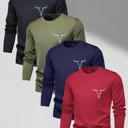 4-Pack Men's Lightweight Long Sleeve T-Shirt with Bull Head Print for Spring and Fall - Casual, Versatile, Perfect for Vacation, Sports, Outings, Simple Top - Gift Idea for Boyfriend or Husband, Suitable for Commuting Fabric Menswear Crewneck Tshirt