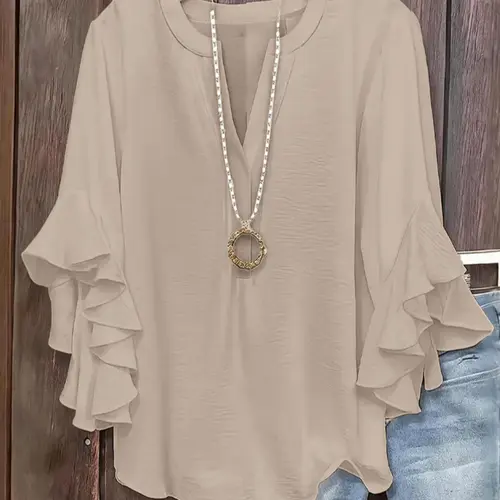 Plus Size Women's Ruffled Sleeve V-Neck Shirt Blouse, Elegant Floral Design, Comfortable and Stylish, Perfect for Casual Wear