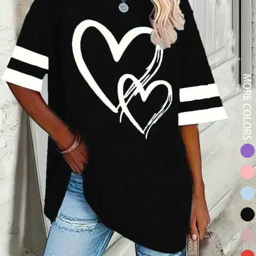 Women's Casual Streetwear Round Neck Half Sleeve Geometric Heart T-Shirt, Comfortable Oversized Loose Fit Top, Fashion Versatile Daily Wear, All Seasons