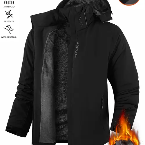 Men's Heavyweight Thickened Fabric Outdoor Waterproof Hooded Ski Jacket with Lambswool Lining - Fitted All-Weather Athletic Coat for Winter Camping, Hiking