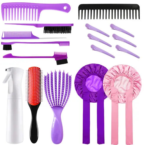 18 Counts Hair Styling Tool Set for Straight Curly All Hair Types Wet Dry Hair Adults Children Purple Brush Comb Set
