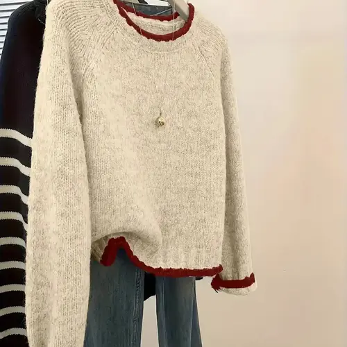 Elegant Chic Warm Comfortable High-End Knitted Sweater for Women, New Long Sleeve Loose Fit Colorblock Round Neck CasualTop for Fall and Winter, Casual Loose Jumper, Knitwear, Fashion Knitwear, Womenswear