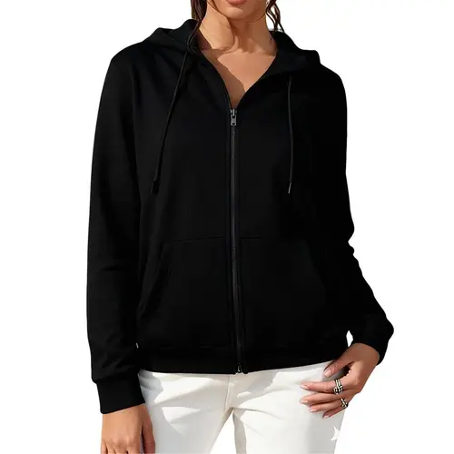 Women's Zip-Up Hoodie - Black Fleece French Terry Top with Kangaroo Pocket, Oversized Cozy Gym-to-Streetwear Frontzip Fleecy Activewear for Casual Lounging, Comfortable Stylish Womenswear Piece, Zip Up Hoodies, Fleecy Women's Hoodies