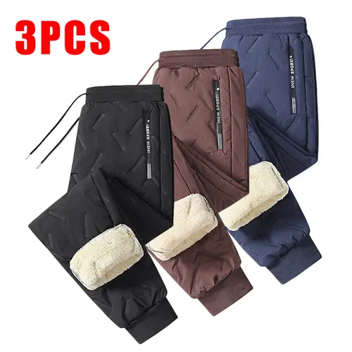 Men's 3-Pack Fleece-Lined Snow Pants with Drawstring Waistband for Winter Sports & Casual Wear Warm Cozy Versatile Menswear Trouser Beige Versatility