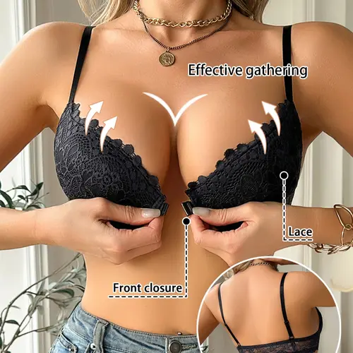 Sexy Deep V Lace Floral Lingerie Underwear Push Up Bra for Women with Front Clip Design, Maximum Lift and Medium Support, Slim-Fitting All Seasons Bra, Womenswear