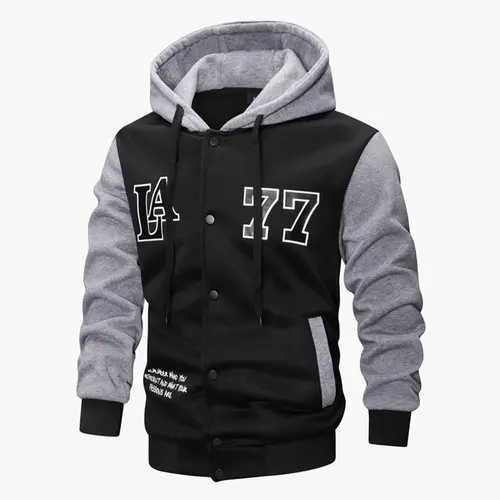 Men's polyester hooded jackets, spring & autumn outdoor sports printed sweatshirts, buttoned cardigan color-block coats – trendy casual men's clothing. Long Sleeve