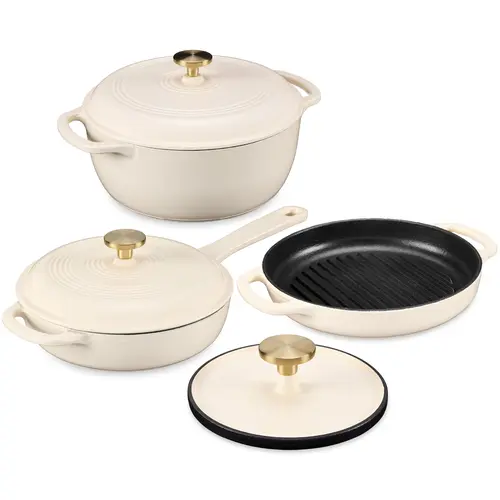 Best Choice Products 6-Piece Enameled Cast Iron Cookware Set, 6QT Dutch Oven W/ Lid, 2QT Skillet W/ Lid, Grill Pan, Grill Press