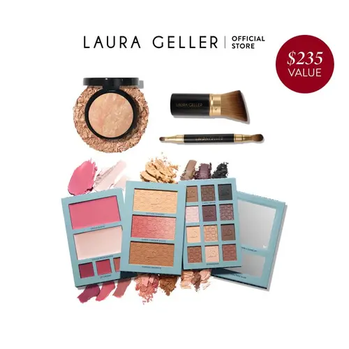 Laura Geller RSVP Yes! Full Face Kit (4 PC) - Includes Powder Foundation, Brushes, Eyeshadow, Bronzer, Blush, Highlighter, and More for Perfect Makeup Looks